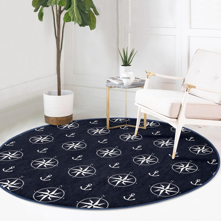 Nautical Round Rug|Non-Slip Round Carpet|Blue White Navy Anchor and Compass Circle Carpet|Geometric Print Beach House Rug|Coastal Home Decor