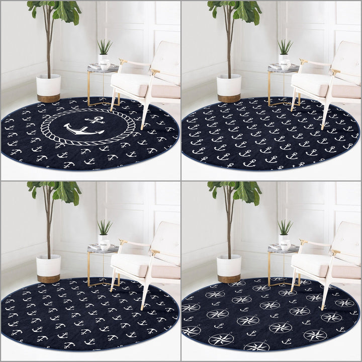 Nautical Round Rug|Non-Slip Round Carpet|Blue White Navy Anchor and Compass Circle Carpet|Geometric Print Beach House Rug|Coastal Home Decor