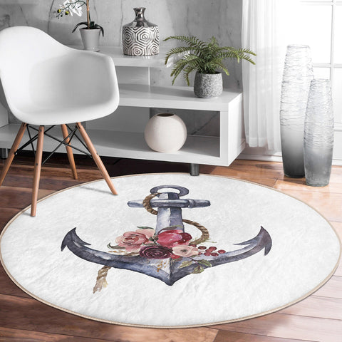 Nautical Round Rug|Non-Slip Round Carpet|Floral Navy Anchor and Wheel Print Circle Carpet|Decorative Beach House Area Rug|Coastal Home Decor