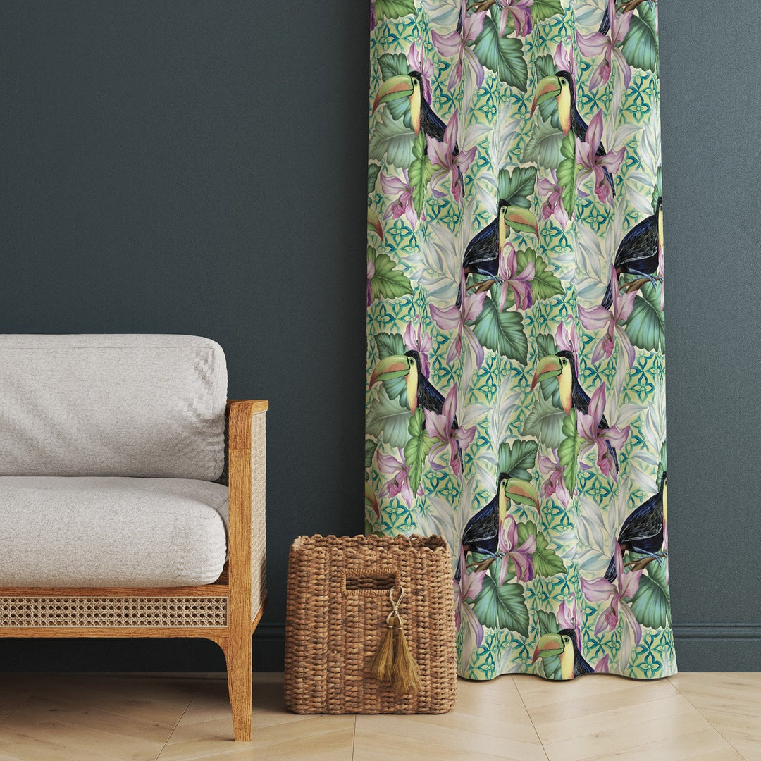 Tropical Plant Curtain|Thermal Insulated Floral Window Treatment|Floral Bird Home Decor|Parrot Print Window Decor|Toucan Pattern Curtain