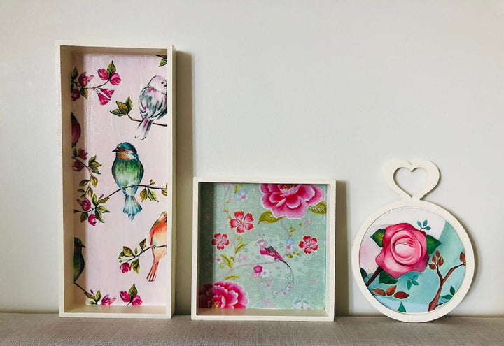 Set of 3 Bird and Rose Wall Decor|Wooden Home Decor|Bird Wall Art|Rose Wall Art|Floral Painting|Kitchen Wall Art|Housewarming Gift For Her