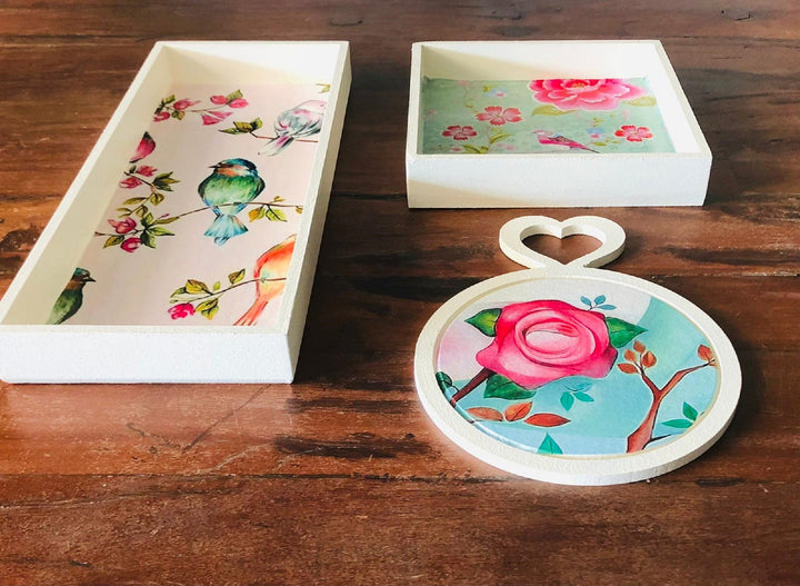 Set of 3 Bird and Rose Wall Decor|Wooden Home Decor|Bird Wall Art|Rose Wall Art|Floral Painting|Kitchen Wall Art|Housewarming Gift For Her