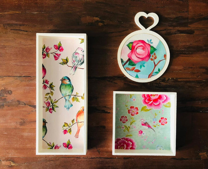 Set of 3 Bird and Rose Wall Decor|Wooden Home Decor|Bird Wall Art|Rose Wall Art|Floral Painting|Kitchen Wall Art|Housewarming Gift For Her