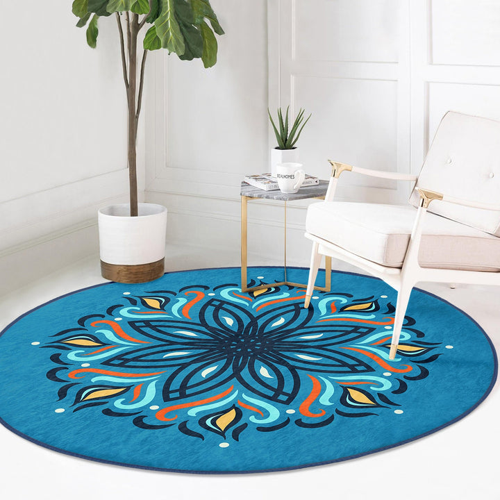 Tile Pattern Round Rug|Non-Slip Round Carpet|Geometric Design Circle Carpet|Black Turquoise Rug|Modern Home Decor|Multi-Purpose Area Mat