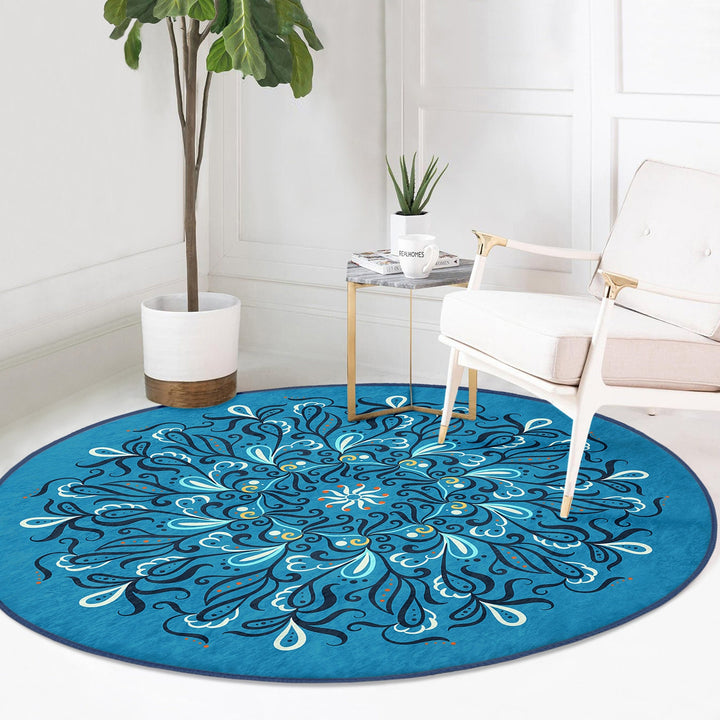 Tile Pattern Round Rug|Non-Slip Round Carpet|Geometric Design Circle Carpet|Black Turquoise Rug|Modern Home Decor|Multi-Purpose Area Mat