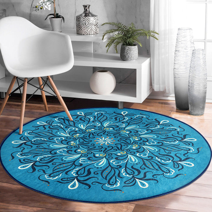 Tile Pattern Round Rug|Non-Slip Round Carpet|Geometric Design Circle Carpet|Black Turquoise Rug|Modern Home Decor|Multi-Purpose Area Mat