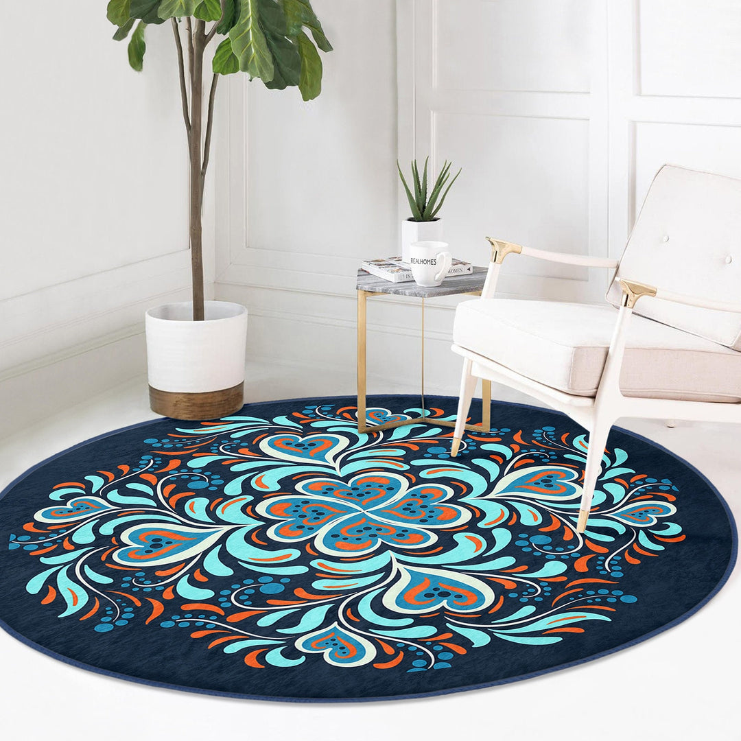 Tile Pattern Round Rug|Non-Slip Round Carpet|Geometric Design Circle Carpet|Black Turquoise Rug|Modern Home Decor|Multi-Purpose Area Mat