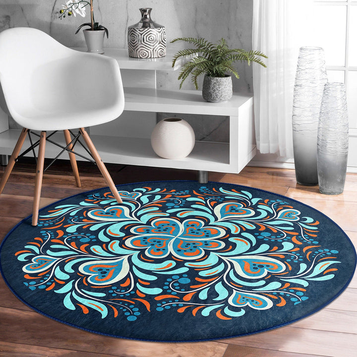 Tile Pattern Round Rug|Non-Slip Round Carpet|Geometric Design Circle Carpet|Black Turquoise Rug|Modern Home Decor|Multi-Purpose Area Mat