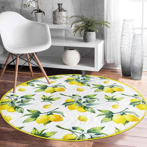 Lemon Round Rug|Non-Slip Round Carpet|Farmhouse Fresh Citrus Circle Rug|Floral Lemon with Green Leaves Area Rug|Housewarming Home Decor