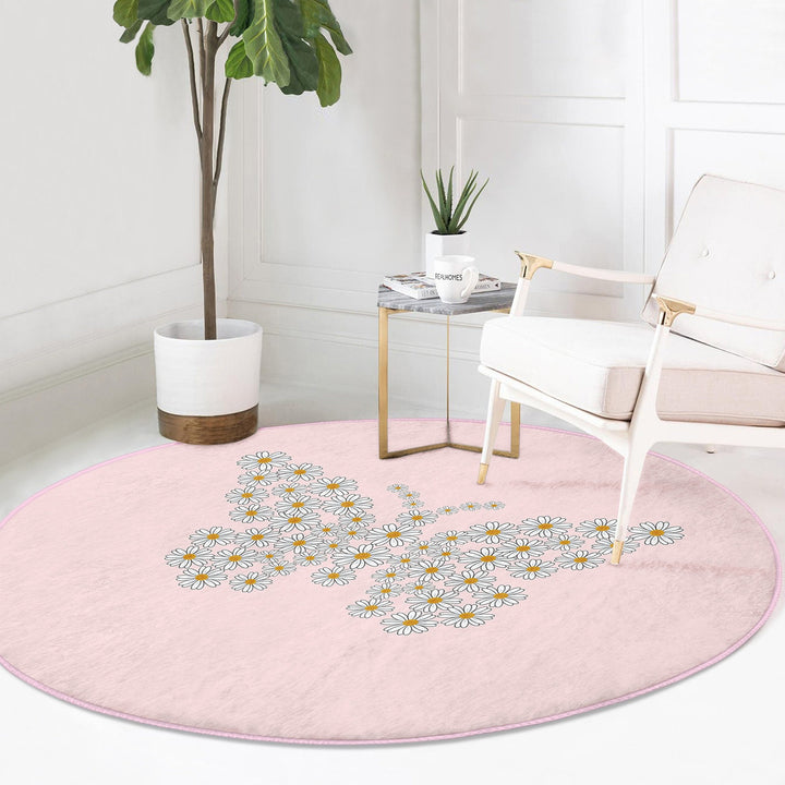 Butterfly Round Rug|Non-Slip Round Carpet|Floral Circle Carpet with Daisy Pattern|Decorative Farmhouse Area Rug|Housewarming Floor Decor
