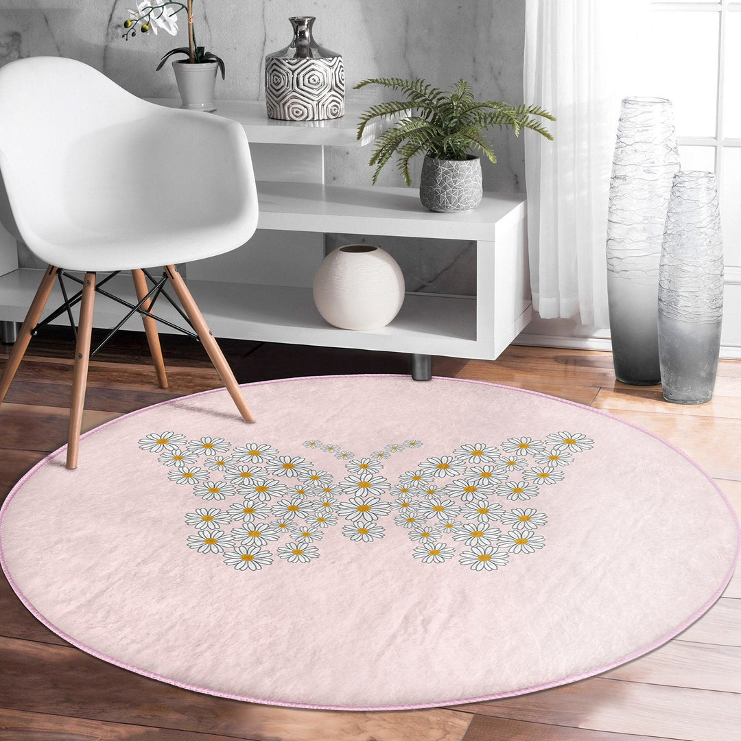 Butterfly Round Rug|Non-Slip Round Carpet|Floral Circle Carpet with Daisy Pattern|Decorative Farmhouse Area Rug|Housewarming Floor Decor
