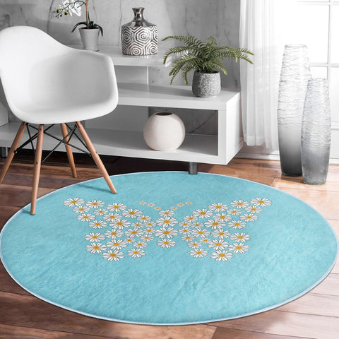 Butterfly Round Rug|Non-Slip Round Carpet|Floral Circle Carpet with Daisy Pattern|Decorative Farmhouse Area Rug|Housewarming Floor Decor