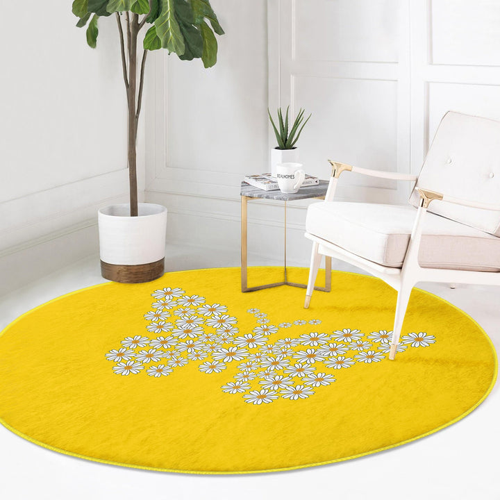 Butterfly Round Rug|Non-Slip Round Carpet|Floral Circle Carpet with Daisy Pattern|Decorative Farmhouse Area Rug|Housewarming Floor Decor