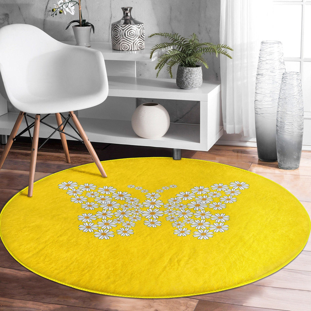 Butterfly Round Rug|Non-Slip Round Carpet|Floral Circle Carpet with Daisy Pattern|Decorative Farmhouse Area Rug|Housewarming Floor Decor