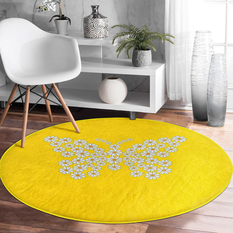 Butterfly Round Rug|Non-Slip Round Carpet|Floral Circle Carpet with Daisy Pattern|Decorative Farmhouse Area Rug|Housewarming Floor Decor