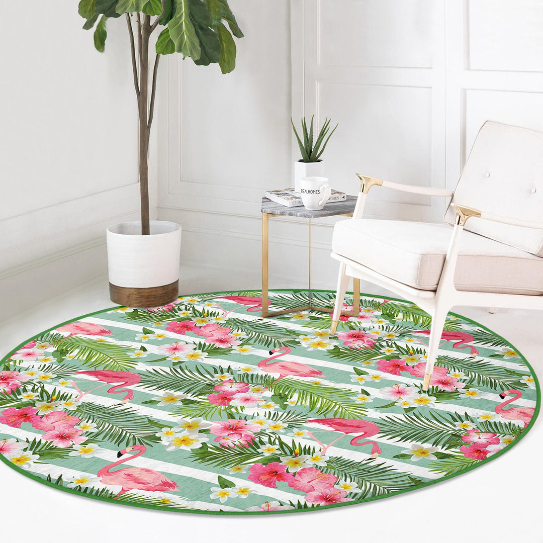 Flamingo Round Rug|Non-Slip Round Carpet|Floral Flamingo and Tropical Leaves Circle Carpet|Decorative Farmhouse Area Rug|Summer Trend Decor