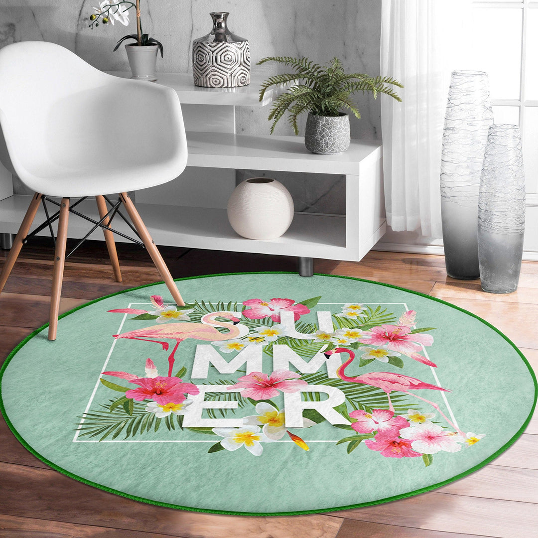 Flamingo Round Rug|Non-Slip Round Carpet|Floral Flamingo and Tropical Leaves Circle Carpet|Decorative Farmhouse Area Rug|Summer Trend Decor