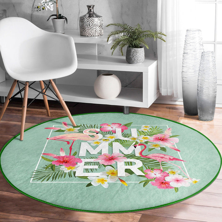 Flamingo Round Rug|Non-Slip Round Carpet|Floral Flamingo and Tropical Leaves Circle Carpet|Decorative Farmhouse Area Rug|Summer Trend Decor