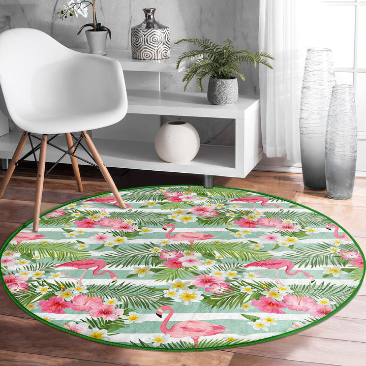 Flamingo Round Rug|Non-Slip Round Carpet|Floral Flamingo and Tropical Leaves Circle Carpet|Decorative Farmhouse Area Rug|Summer Trend Decor