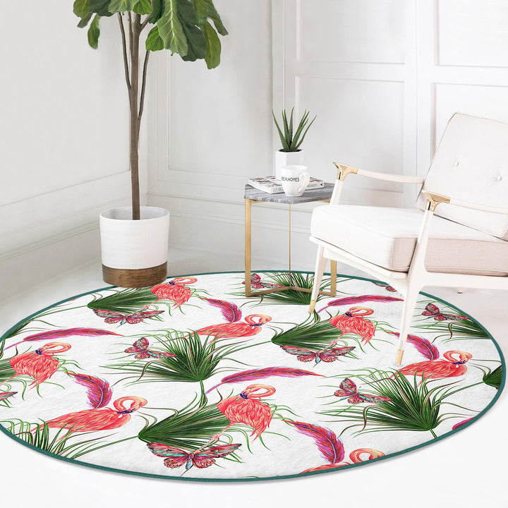 Flamingo Round Rug|Non-Slip Round Carpet|Floral Flamingo and Tropical Leaves Circle Carpet|Decorative Farmhouse Area Rug|Summer Trend Decor