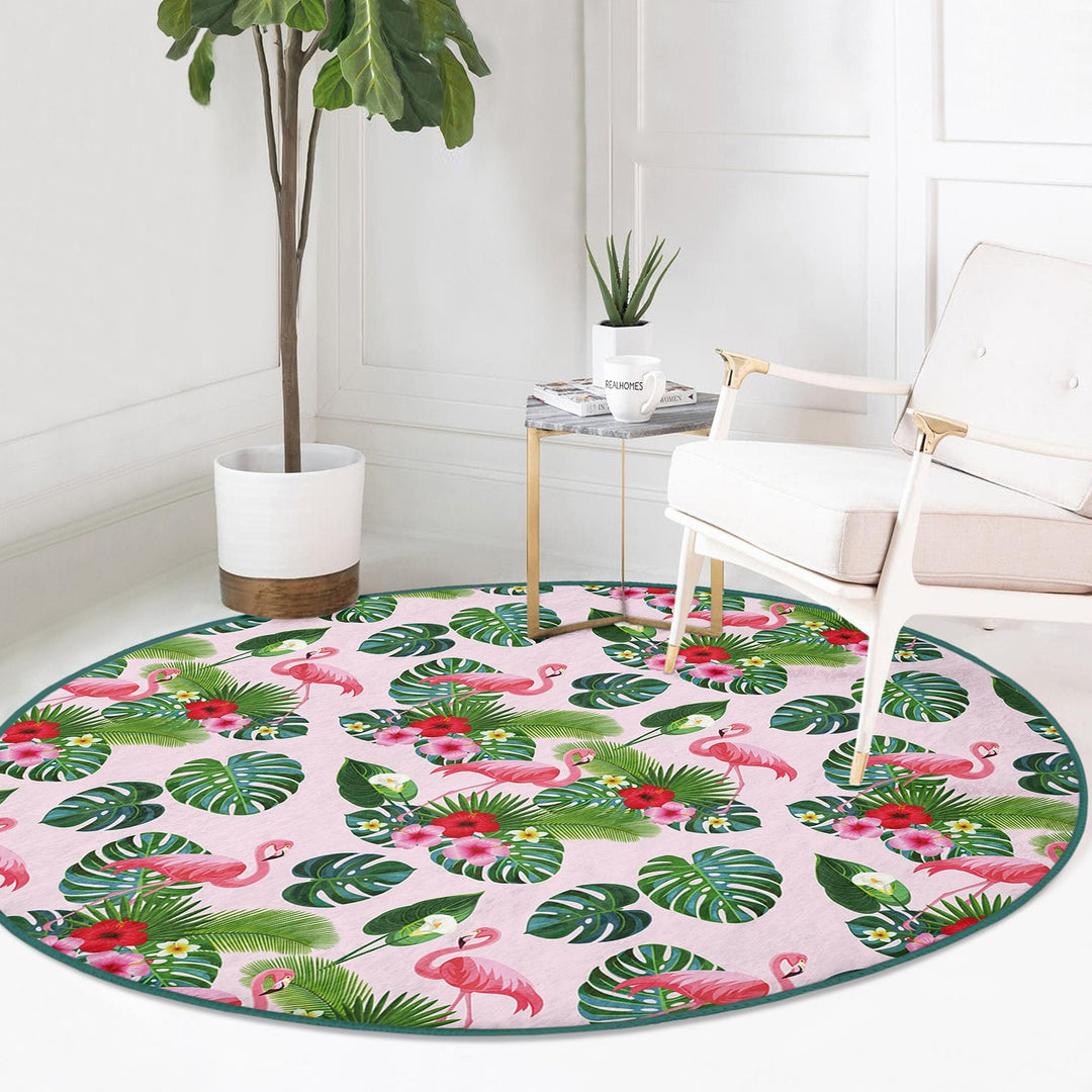 Flamingo Round Rug|Non-Slip Round Carpet|Floral Flamingo and Tropical Leaves Circle Carpet|Decorative Farmhouse Area Rug|Summer Trend Decor