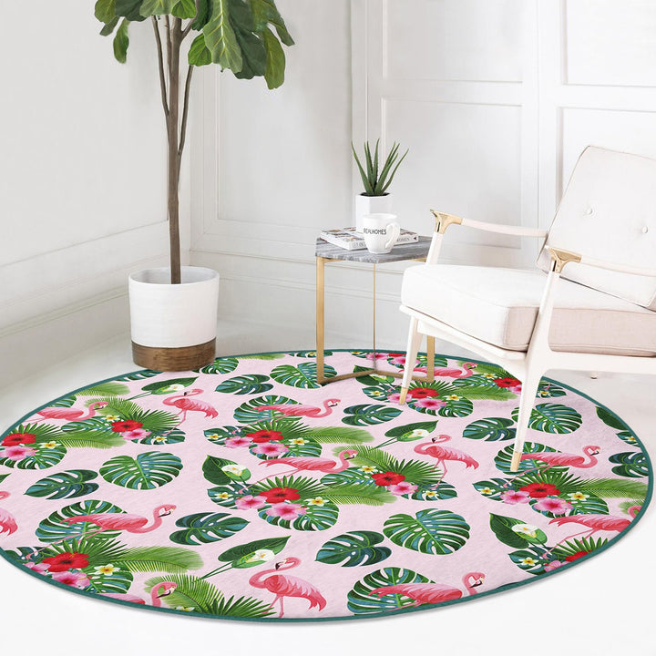 Flamingo Round Rug|Non-Slip Round Carpet|Floral Flamingo and Tropical Leaves Circle Carpet|Decorative Farmhouse Area Rug|Summer Trend Decor
