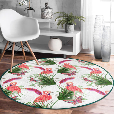 Flamingo Round Rug|Non-Slip Round Carpet|Floral Flamingo and Tropical Leaves Circle Carpet|Decorative Farmhouse Area Rug|Summer Trend Decor