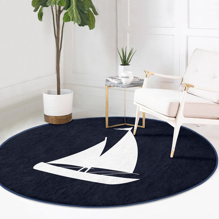 Nautical Round Rug|Non-Slip Round Carpet|Anchor and Wheel Circle Carpet|Fish and Boat Print Area Rug|Coastal Home Decor|Multi-Purpose Mat