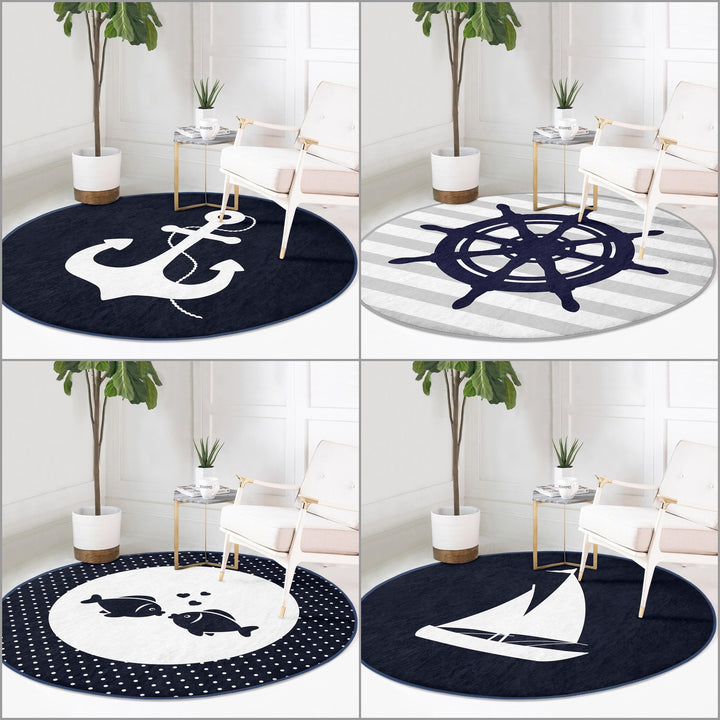 Nautical Round Rug|Non-Slip Round Carpet|Anchor and Wheel Circle Carpet|Fish and Boat Print Area Rug|Coastal Home Decor|Multi-Purpose Mat