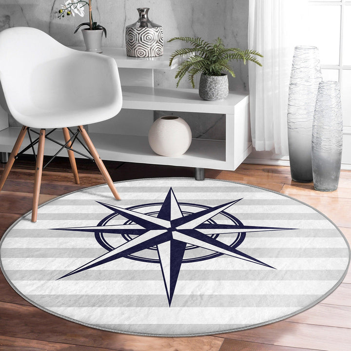 Nautical Round Rug|Non-Slip Round Carpet|Striped and Zigzag Anchor and Wheel Circle Carpet|Navy Compass Print Area Rug|Coastal Home Decor