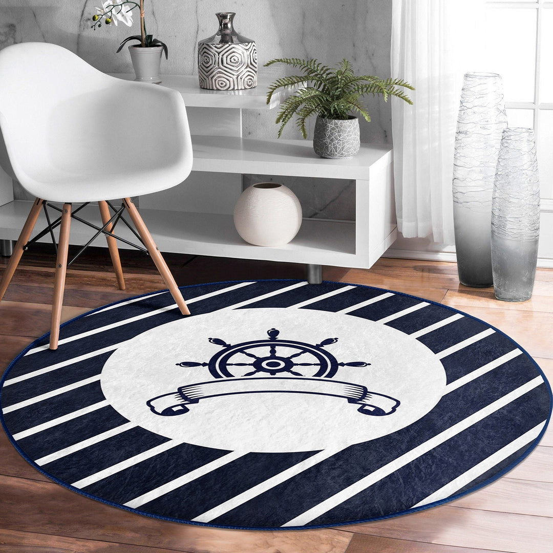 Nautical Round Rug|Non-Slip Round Carpet|Striped and Zigzag Anchor and Wheel Circle Carpet|Navy Compass Print Area Rug|Coastal Home Decor