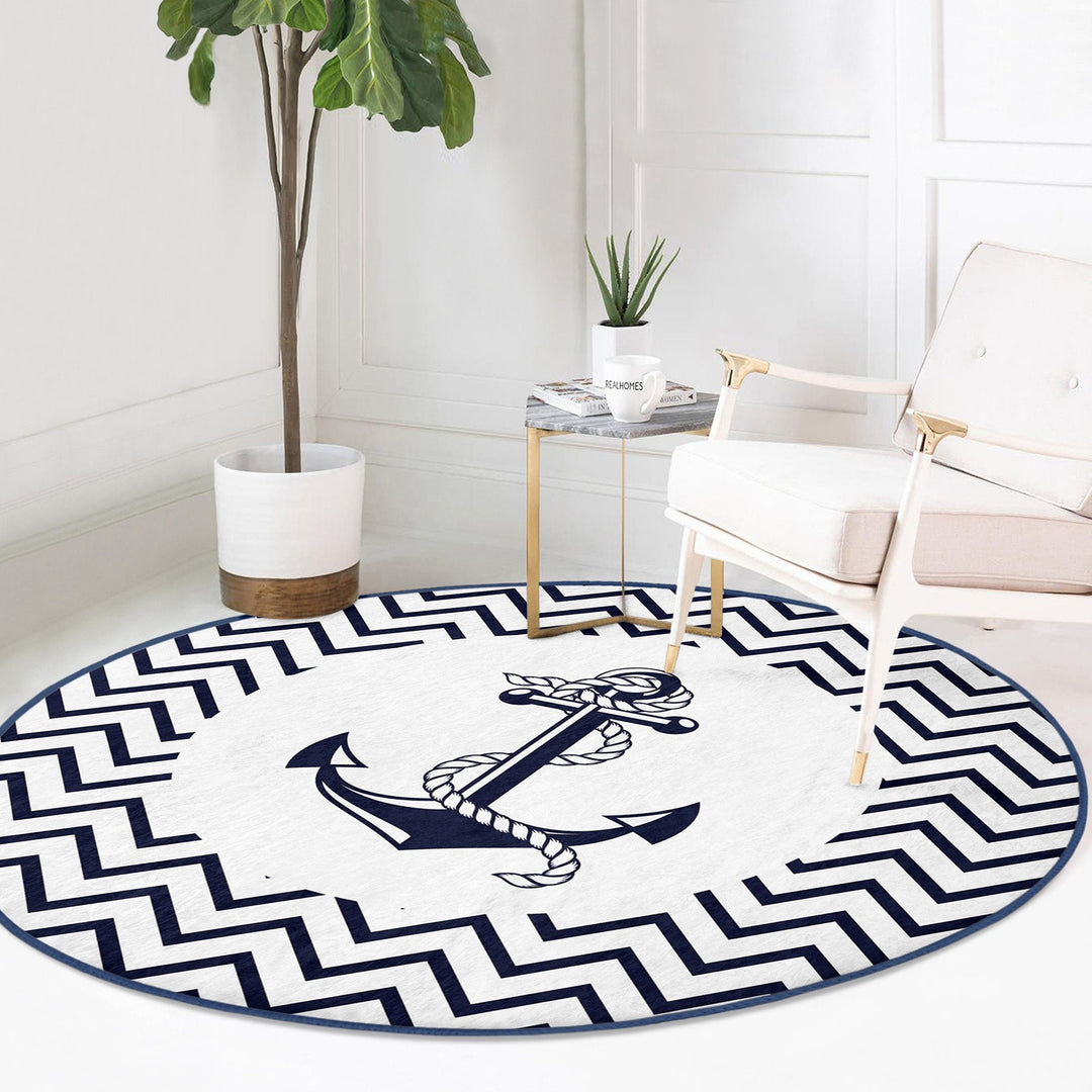 Nautical Round Rug|Non-Slip Round Carpet|Striped and Zigzag Anchor and Wheel Circle Carpet|Navy Compass Print Area Rug|Coastal Home Decor