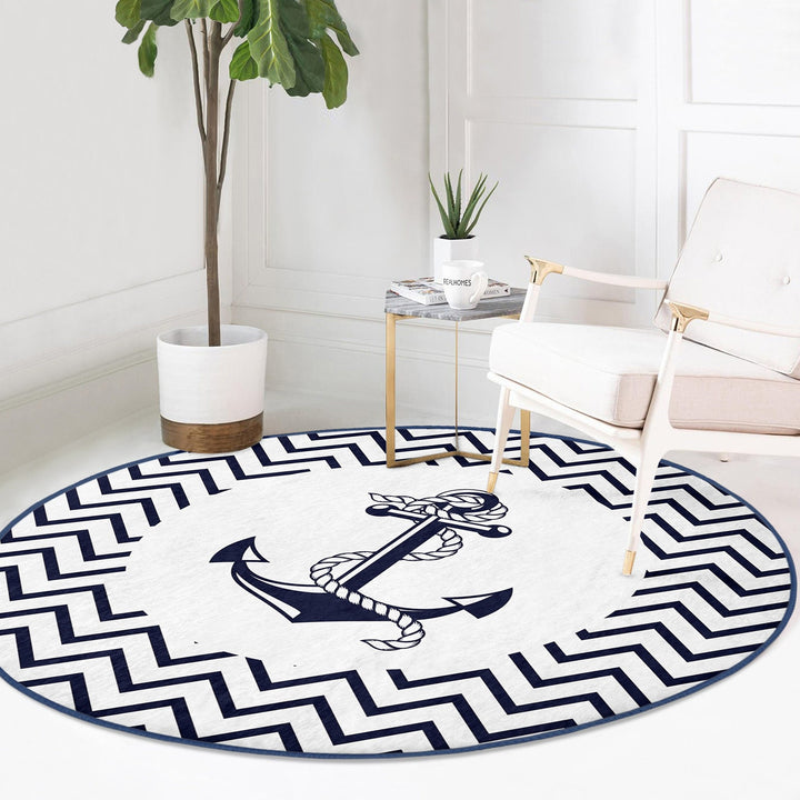 Nautical Round Rug|Non-Slip Round Carpet|Striped and Zigzag Anchor and Wheel Circle Carpet|Navy Compass Print Area Rug|Coastal Home Decor