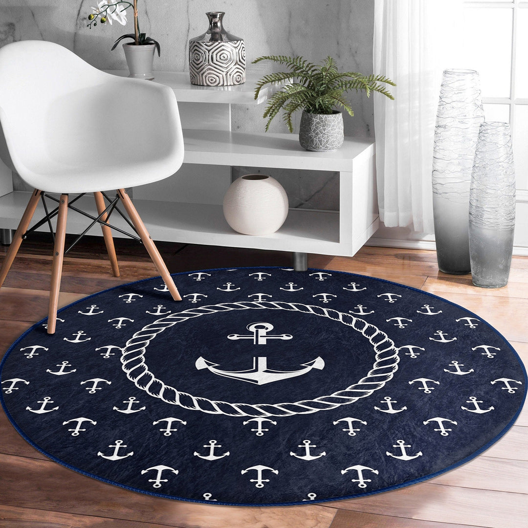 Nautical Round Rug|Non-Slip Round Carpet|Blue White Navy Anchor and Compass Circle Carpet|Geometric Print Beach House Rug|Coastal Home Decor