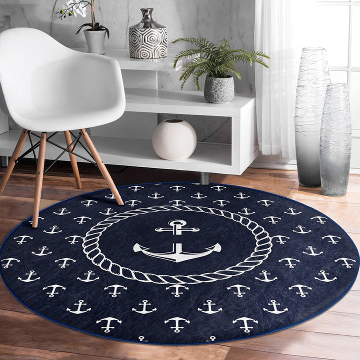 Nautical Round Rug|Non-Slip Round Carpet|Blue White Navy Anchor and Compass Circle Carpet|Geometric Print Beach House Rug|Coastal Home Decor