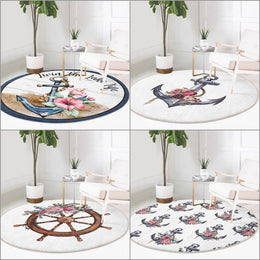 Nautical Round Rug|Non-Slip Round Carpet|Floral Navy Anchor and Wheel Print Circle Carpet|Decorative Beach House Area Rug|Coastal Home Decor