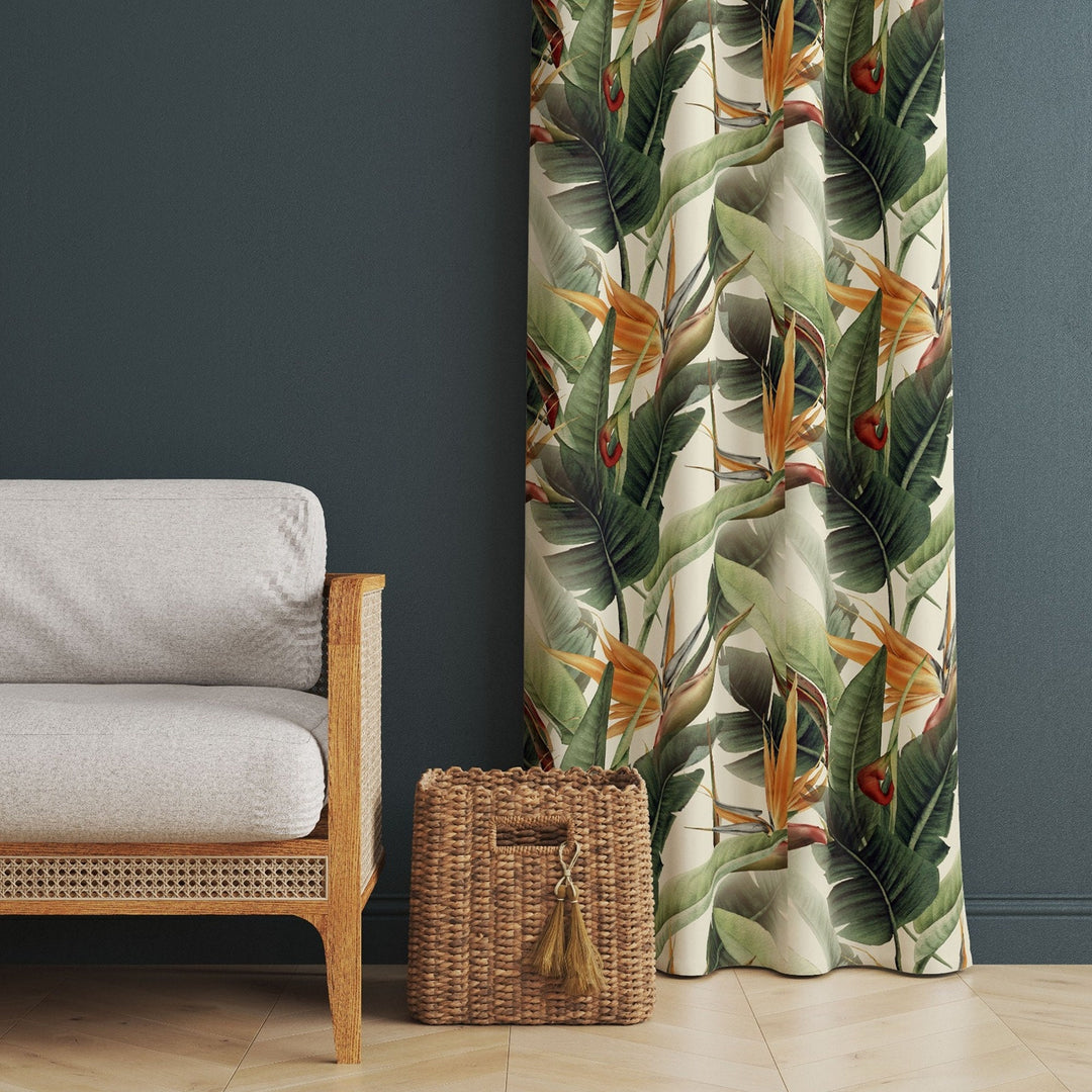 Tropical Leaves Curtain|Thermal Insulated Floral Window Treatment|Green Plants Home Decor|Leaf Print Window Decor|Modern Living Room Curtain
