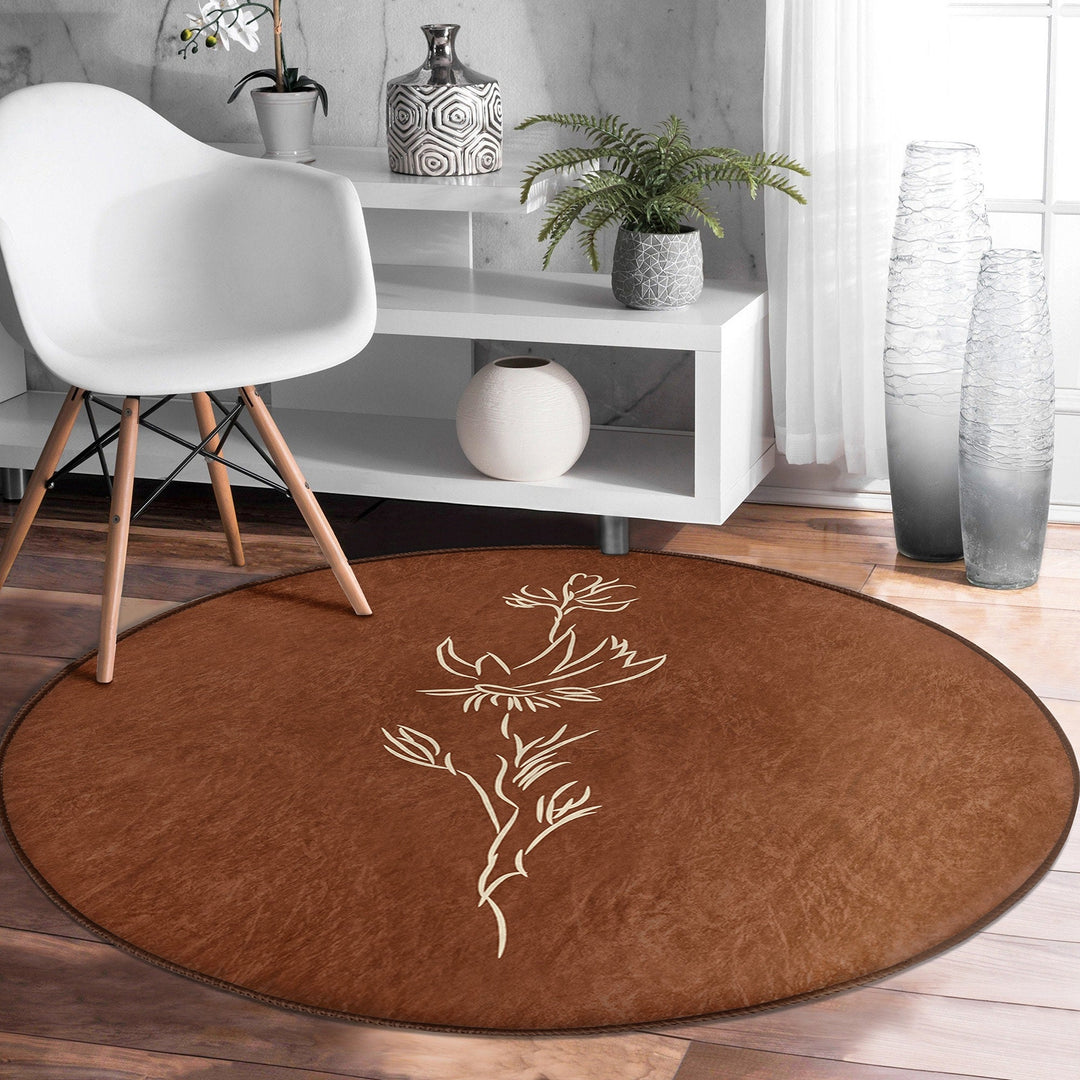 Onedraw Floral Round Rug|Non-Slip Round Carpet|Abstract Floral Circle Carpet|Minimalist Area Rug|Modern Home Decor|Decorative Anti-Slip Mat