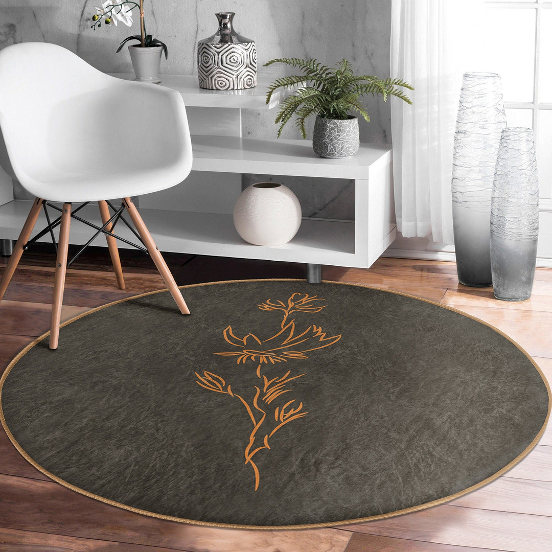 Onedraw Floral Round Rug|Non-Slip Round Carpet|Abstract Floral Circle Carpet|Minimalist Area Rug|Modern Home Decor|Decorative Anti-Slip Mat