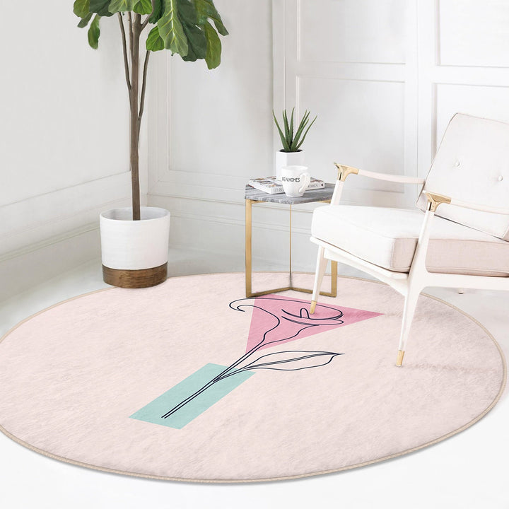 Onedraw Floral Round Rug|Non-Slip Round Carpet|Abstract Daisy Circle Carpet|Minimalist Area Rug|Rose Home Decor|Decorative Anti-Slip Mat