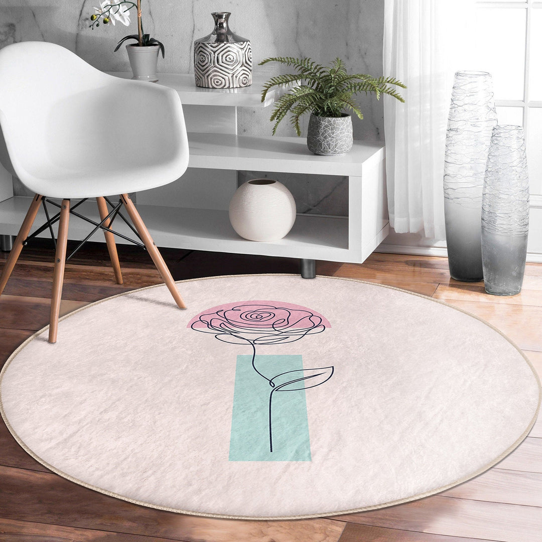Onedraw Floral Round Rug|Non-Slip Round Carpet|Abstract Daisy Circle Carpet|Minimalist Area Rug|Rose Home Decor|Decorative Anti-Slip Mat