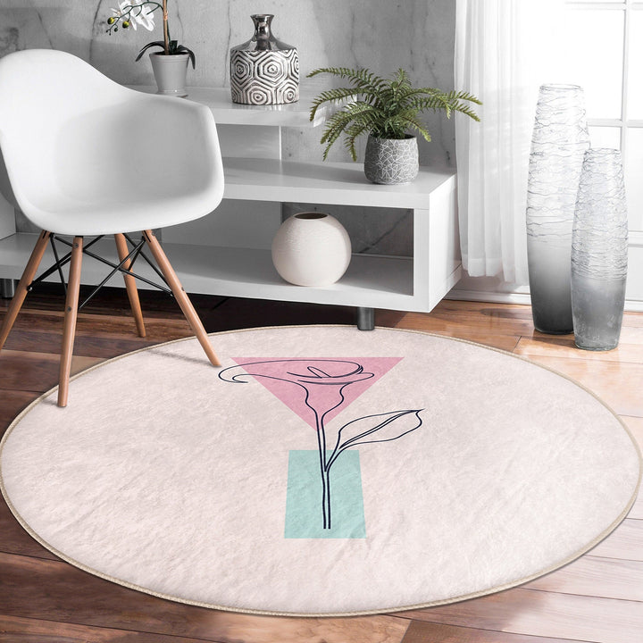 Onedraw Floral Round Rug|Non-Slip Round Carpet|Abstract Daisy Circle Carpet|Minimalist Area Rug|Rose Home Decor|Decorative Anti-Slip Mat