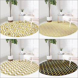 Geometric Round Rug|IKAT Design Non-Slip Round Carpet|Gold Beige Circle Carpet|Decorative Area Rug|Seamless Multi-Purpose Anti-Slip Mat