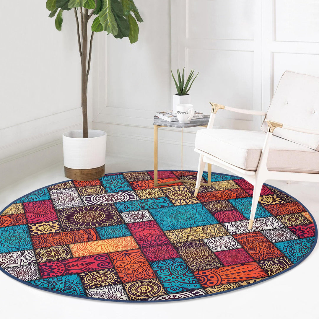 Ethnic Round Rug|Non-Slip Carpet|Geometric Circle Carpet|Abstract Design Area Rug|Cozy Home Decor|Authentic Style Multi-Purpose Area Mat