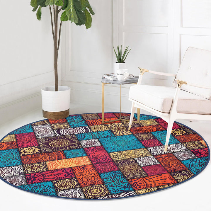 Ethnic Round Rug|Non-Slip Carpet|Geometric Circle Carpet|Abstract Design Area Rug|Cozy Home Decor|Authentic Style Multi-Purpose Area Mat