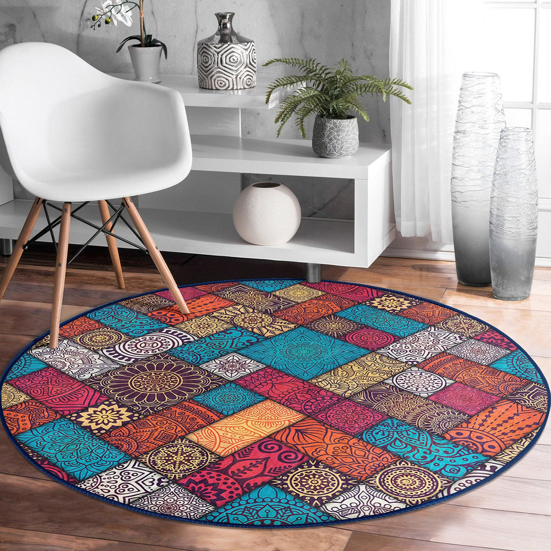 Ethnic Round Rug|Non-Slip Carpet|Geometric Circle Carpet|Abstract Design Area Rug|Cozy Home Decor|Authentic Style Multi-Purpose Area Mat