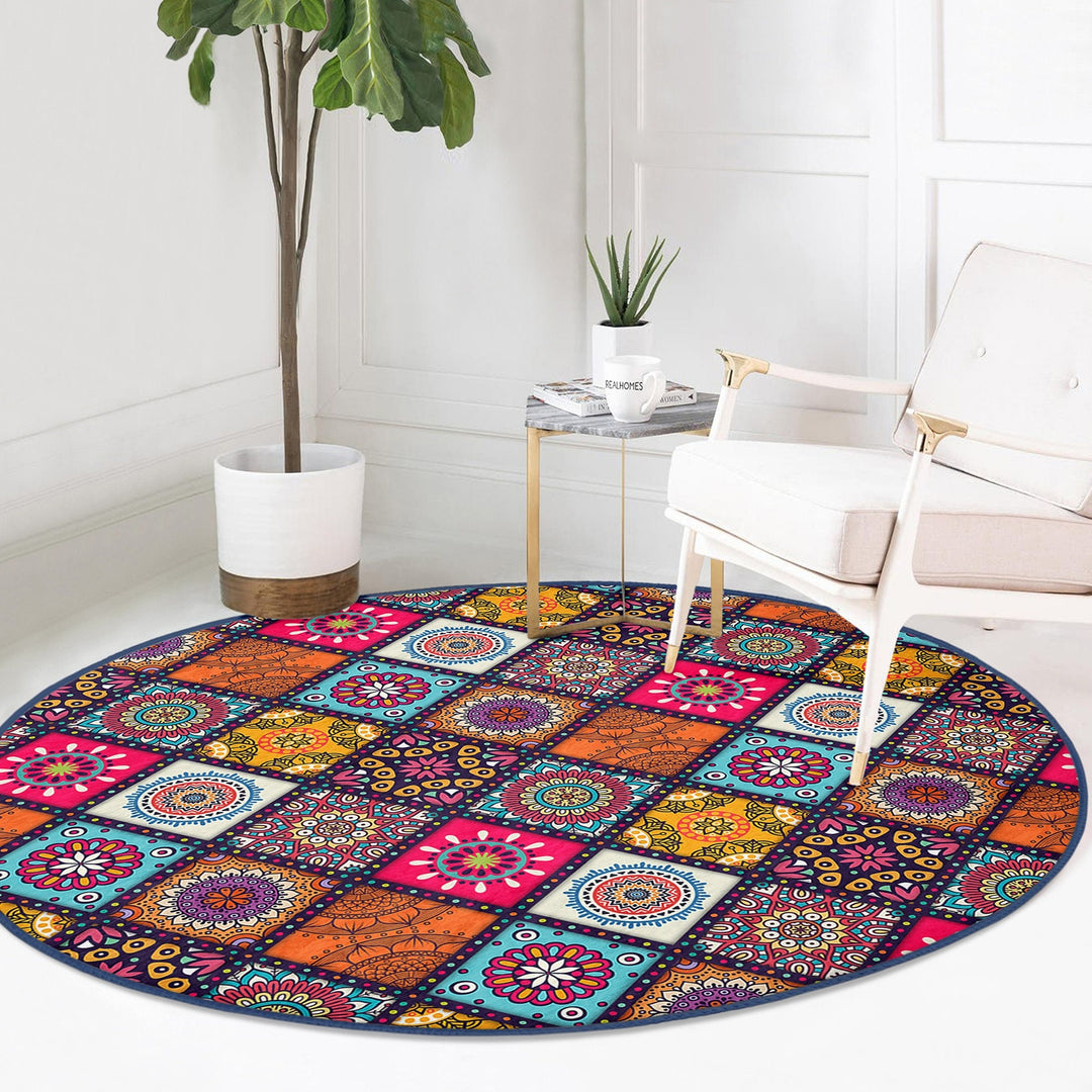 Ethnic Round Rug|Non-Slip Carpet|Geometric Circle Carpet|Abstract Design Area Rug|Cozy Home Decor|Authentic Style Multi-Purpose Area Mat