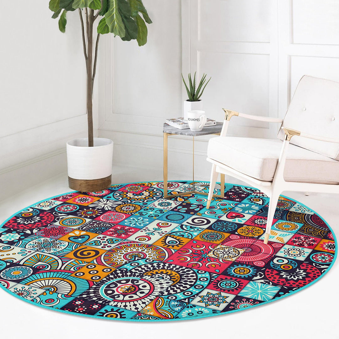 Ethnic Round Rug|Non-Slip Carpet|Geometric Circle Carpet|Abstract Design Area Rug|Cozy Home Decor|Authentic Style Multi-Purpose Area Mat