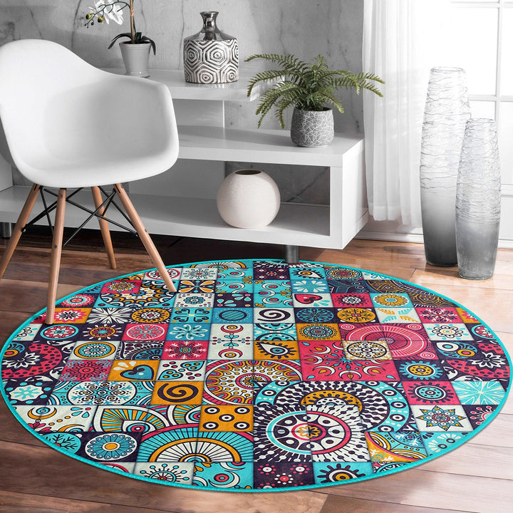 Ethnic Round Rug|Non-Slip Carpet|Geometric Circle Carpet|Abstract Design Area Rug|Cozy Home Decor|Authentic Style Multi-Purpose Area Mat