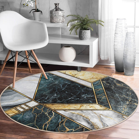 Marble Pattern Round Rug|Non-Slip Round Carpet|Blue Gold Gray Circle Carpet|Decorative Abstract Multi-Purpose Area Rug|Modern Home Decor